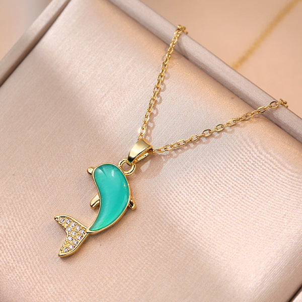 Dolphin Cat's Eye Crystal Pendant Necklace