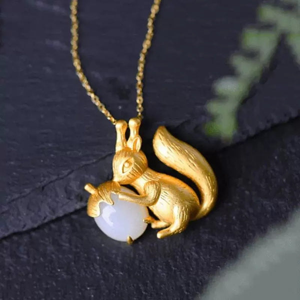 Little Squirrel S925 Silver Jade Stone Pendant Necklace