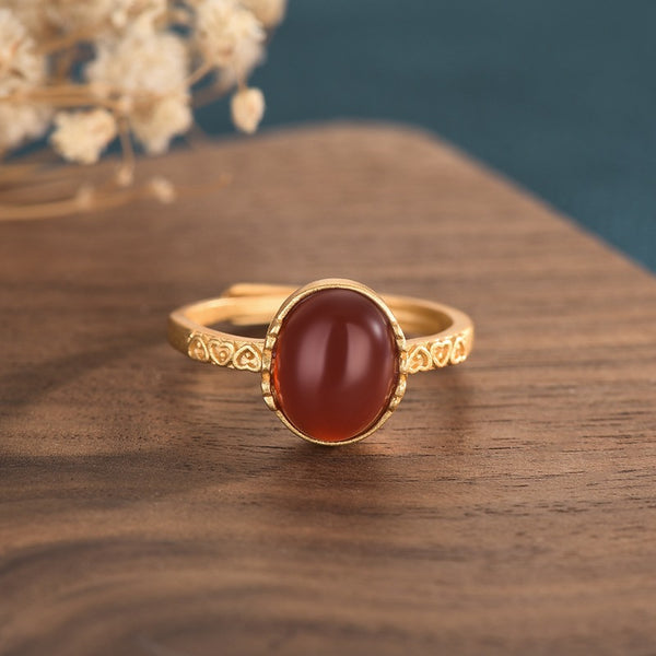 Vintage red natural agate chalcedony ring