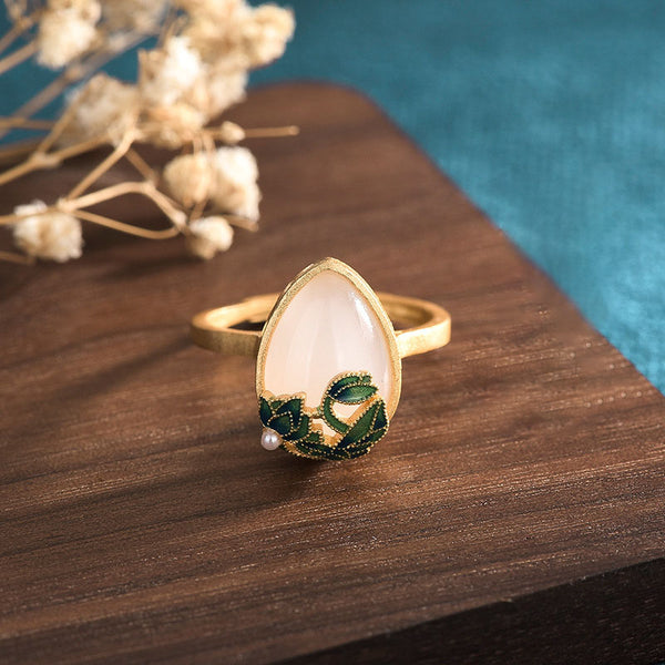 Cyan Lotus Emerald Jade Stone Ring