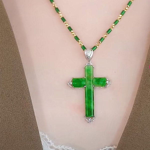 Cross Emerald Jade stone necklace