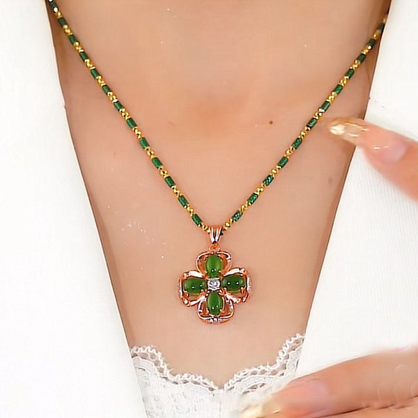 Four leaf clover Emerald Jade stone necklace