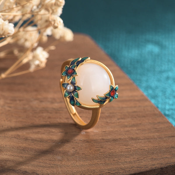 Pearl Flower Inlaid Emerald Jade Stone Ring