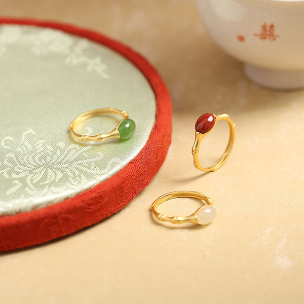 Bamboo Inlaid Emerald Jade Stone Ring