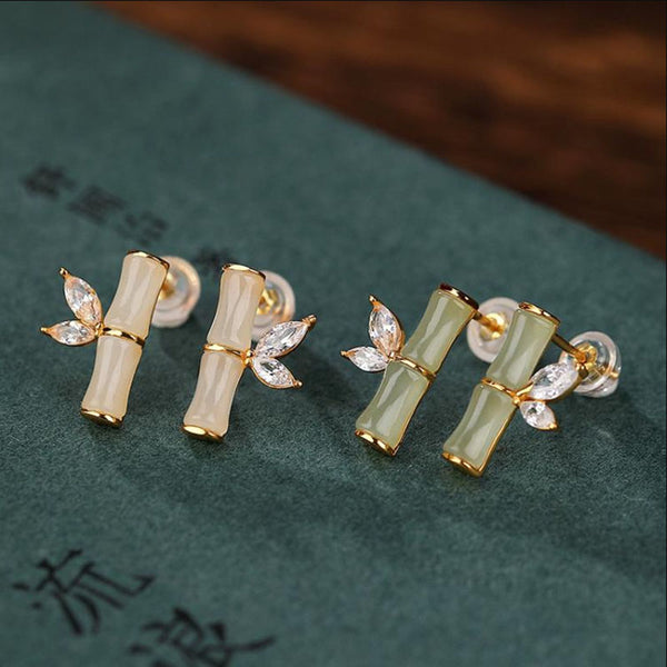 Bamboo Festival • Emerald Jade Stone  Stud Earrings