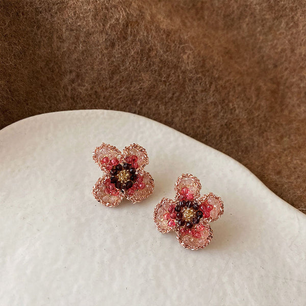 Pink four-petal flower natural crystal earrings