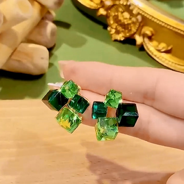 Four Square Green Natural Crystal Stud Earrings