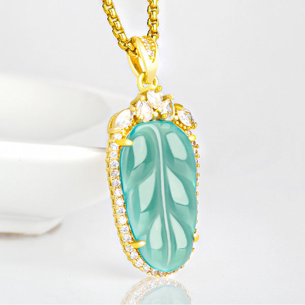 Blue Water Leaf Natural Emerald Jade Stone Necklace