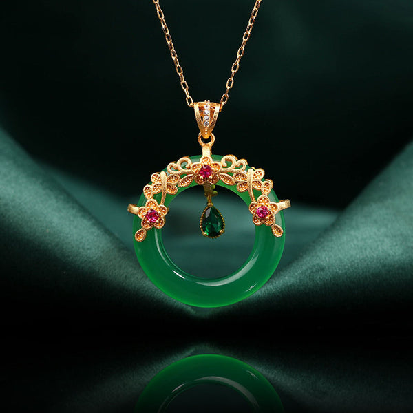 Floral Ring Natural Emerald Jade Stone Necklace