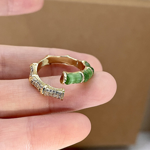 Green Bamboo Natural Emerald Jade Stone Ring