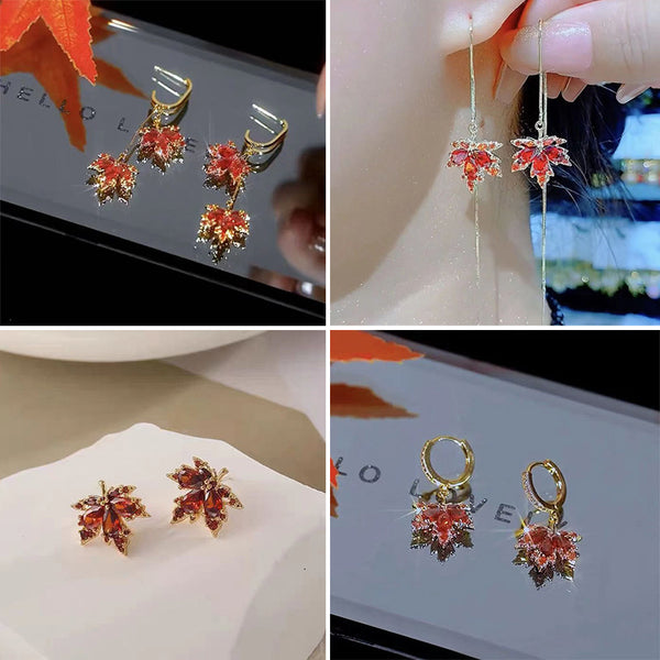 Maple Leaf Tassel Crystal Stud Earrings