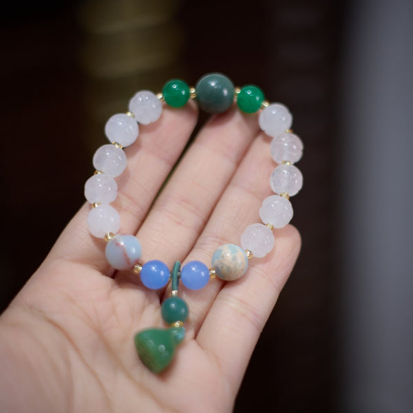 Lotus • Natural white chalcedony & green agate bracelet