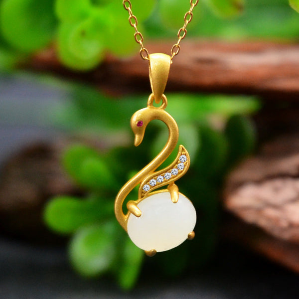 Gold Swan Emerald Jade Stone Necklace
