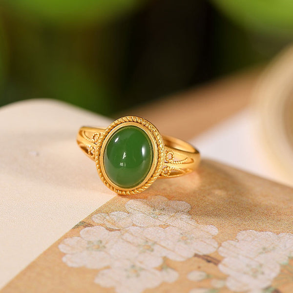 Egg-Shaped Emerald Jade Stone Cutout Ring