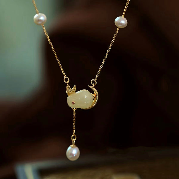Pearl Moon Rabbit Emerald Jade Stone Necklace