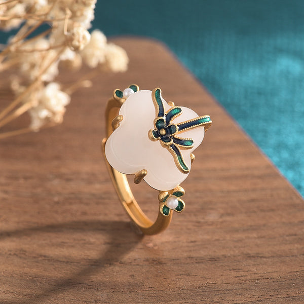 Four Leaf Clover Emerald Jade Stone Ring