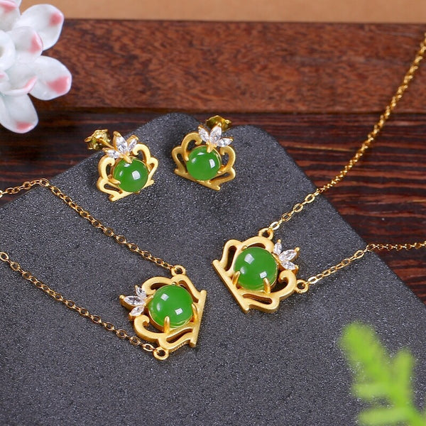 Diamond Crown Emerald Jade Stone Pendant Earrings