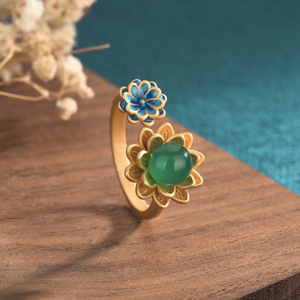 Lotus Natural Emerald Jade Stone Ring
