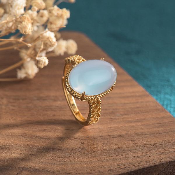 Sky blue egg-shaped natural agate chalcedony ring