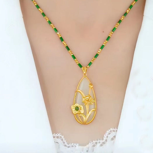 Golden Lotus Leaf Lotus Emerald Jade Stone Necklace