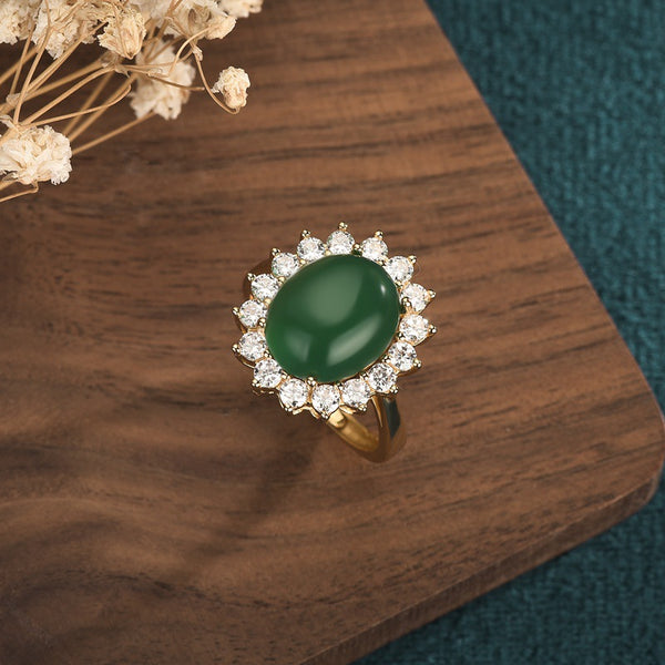 Egg shape set with diamonds Emerald Jade Stone Ring