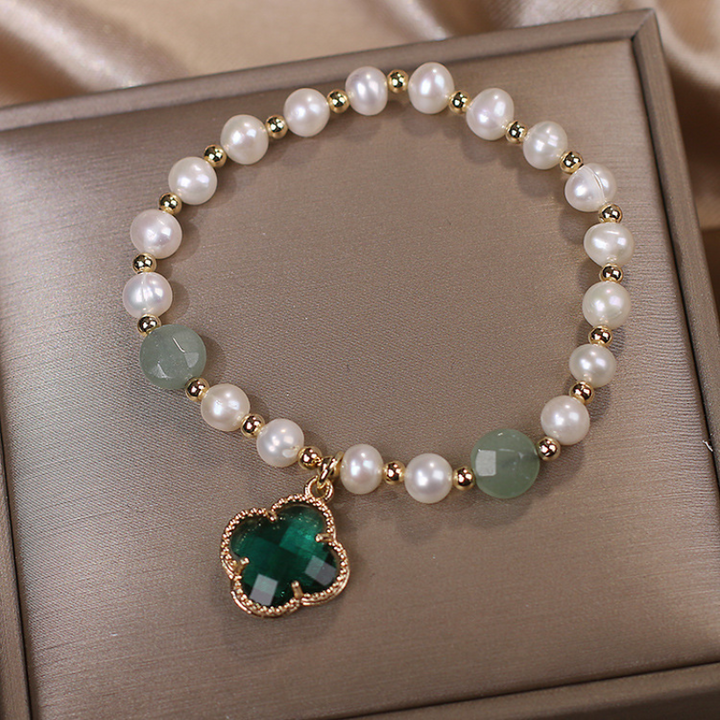 Four Leaf Clover Pearl Crystal Bracelet