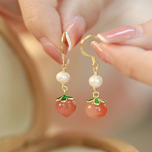 Peach • Red Agate&Pearl Earrings