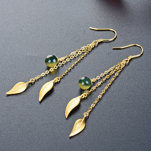 S925 sterling silver • Emerald Jade stone tassel earrings