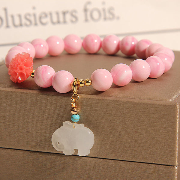 Natural deep sea pink shell beads & Emerald Jade stone bracelet