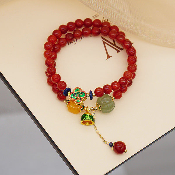 Pumpkin ? Red Agate Emerald jade stone double circle bracelet